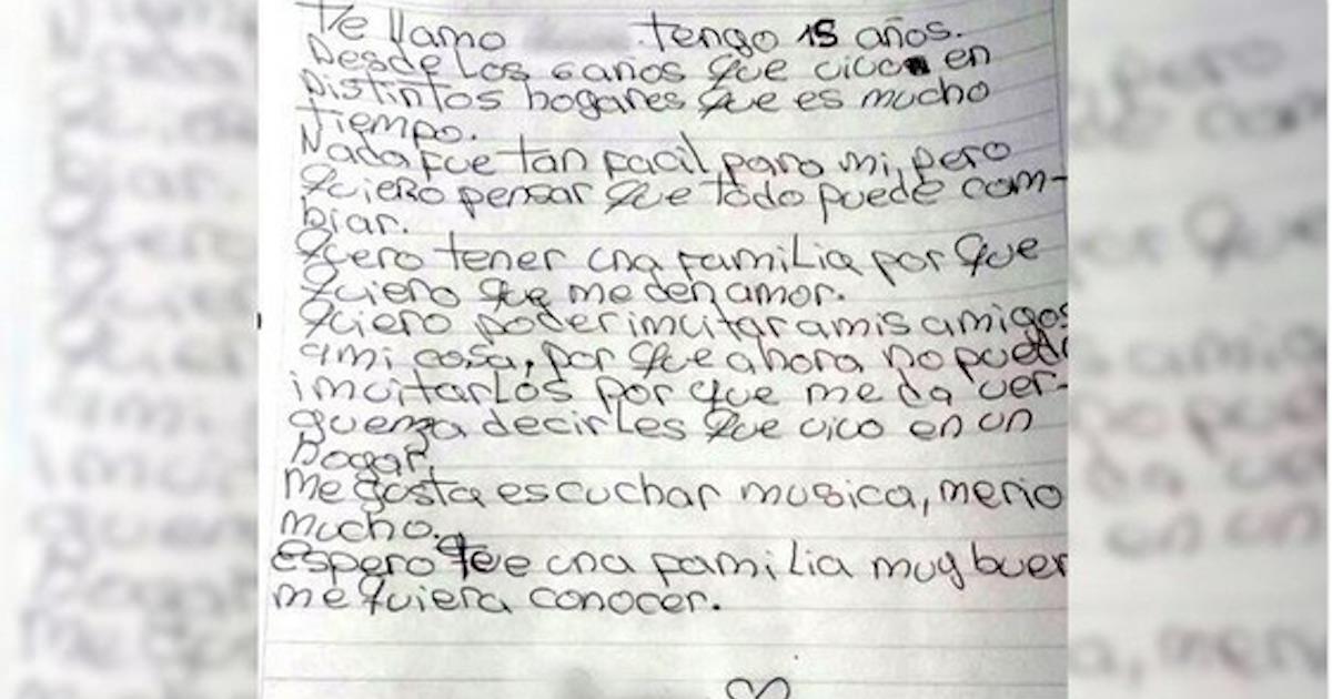 Adolescente de 15 años escribe carta pidiendo sólo una 