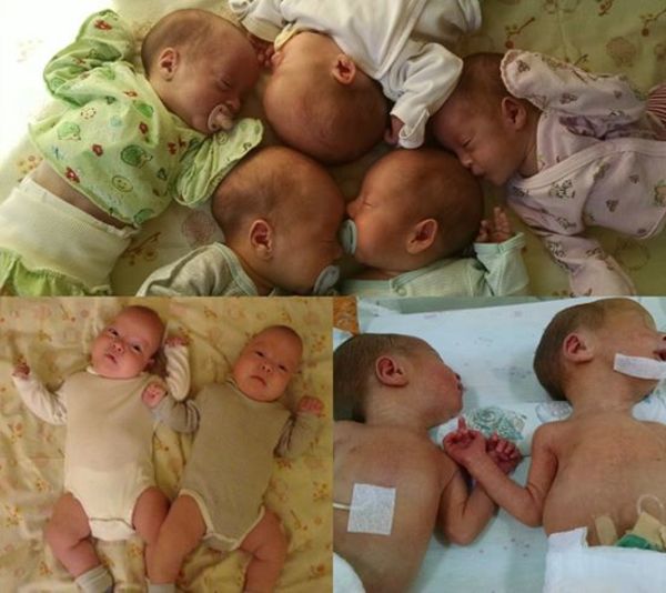 The graphic shows a collage of photos of newborn quintuplets