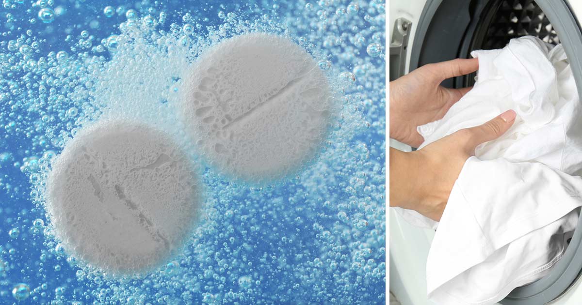 Grafika przedstawia dwa zdjęcia - po lewej rozpuszczające się w wodzie aspiryny, po prawej czyste białe ubranie, które ktoś wyciąga z pralki