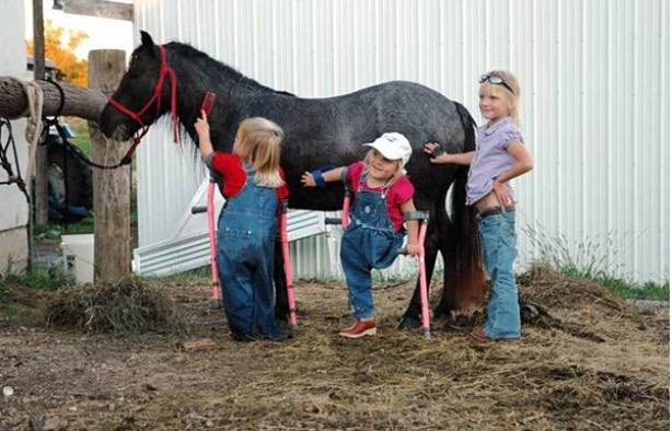 trzy dziewczynki stoją przy koniu